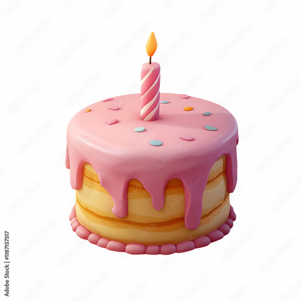 3D game-style birthday cake with a pink candle, isolated on black background, simple design with minimal detail and flat color shading. 3D game-style birthday cake with a pink candle, isolated on black background, simple design with minimal detail and flat color shading.