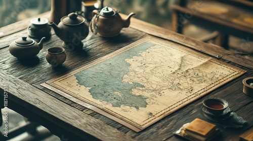 A close-up of a Taiwan map displayed on a rustic wooden table, surrounded by traditional Taiwanese tea sets