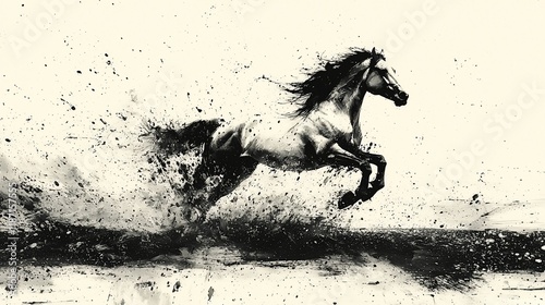 Majestic stallion running, splashing water, monochrome.
