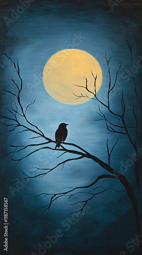 bird silhouette on branch with moon glowing in background photo