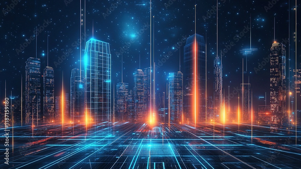 Fototapeta premium Futuristic Urban Skyline at Night with Neon Lights and Architecture