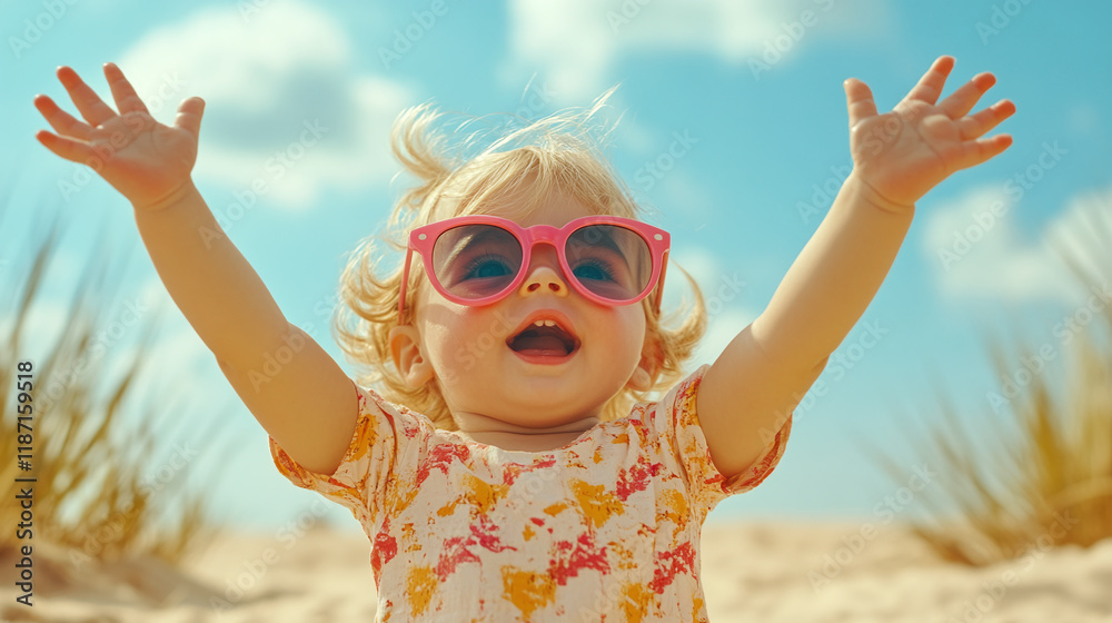 Beautiful little toddler girl with blonde hair, wearing pink sunglasses, standing on the sand beach with her hands raised up in the air, looking at the camera and smiling. preschooler summer vacation. Beautiful little toddler girl with blonde hair, wearing pink sunglasses, standing on the sand beach with her hands raised up in the air, looking at the camera and smiling. preschooler summer vacation.