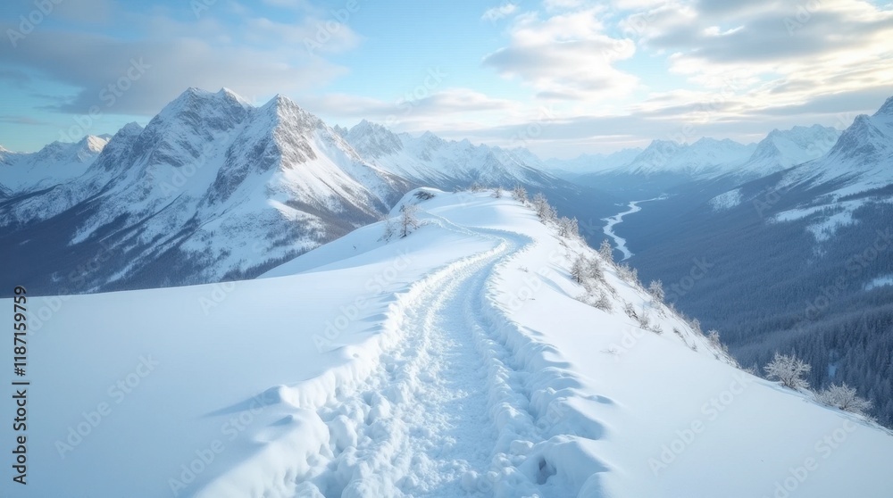 Fototapeta premium Snowy Mountain Trail with Footsteps