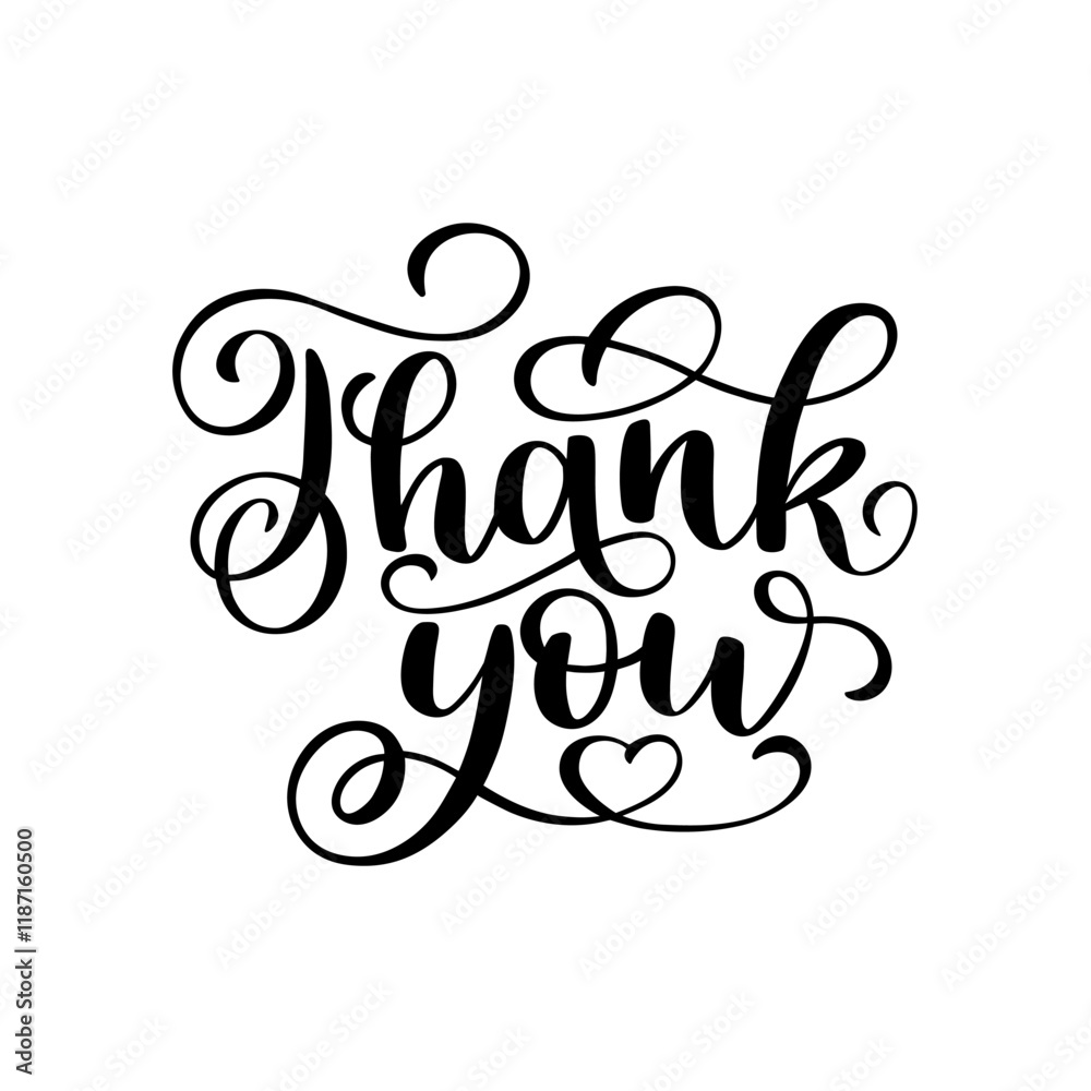Thank you lettering in script style decorated by heart. Black letters on white background. Brush hand written calligraphy style with flourish Thank you lettering in script style decorated by heart. Black letters on white background. Brush hand written calligraphy style with flourish