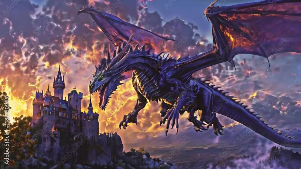 a black dragon with its wings spread, flying towards a castle under a colorful sky. The overall image conveys a sense of adventure and epic storytelling