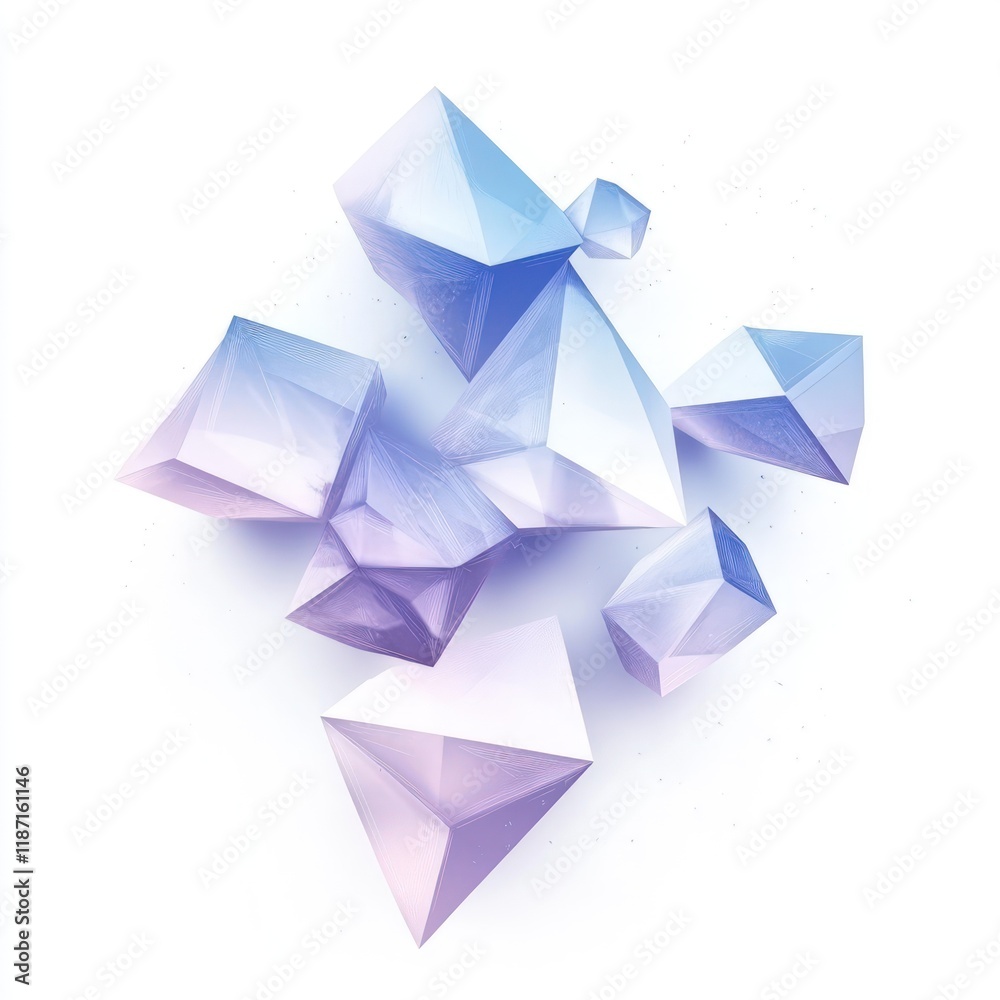 Abstract geometric cluster with gradient tones of icy blue to pale lavender, positioned asymmetrically on a clean white background Abstract geometric cluster with gradient tones of icy blue to pale lavender, positioned asymmetrically on a clean white background