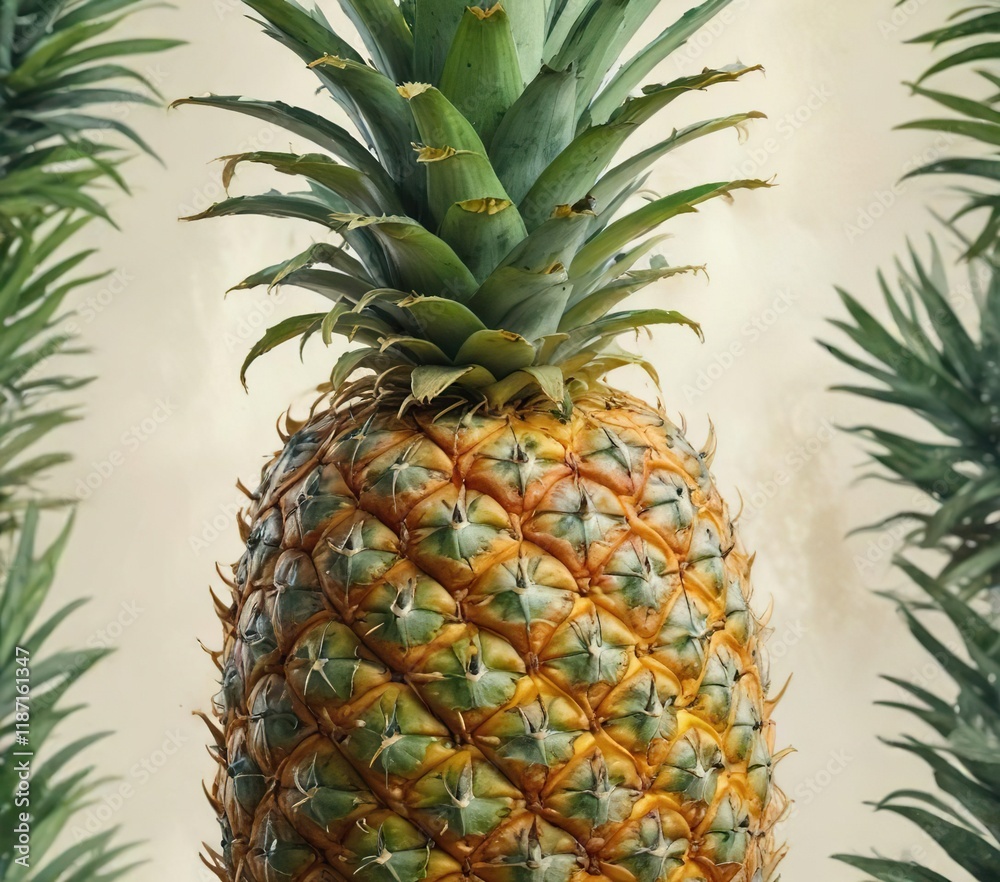 Exquisite watercolor image of a pineapple with a focus on realistic details and vibrant colors, summertime, close-up view, delicious, botanical painting Exquisite watercolor image of a pineapple with a focus on realistic details and vibrant colors, summertime, close-up view, delicious, botanical painting