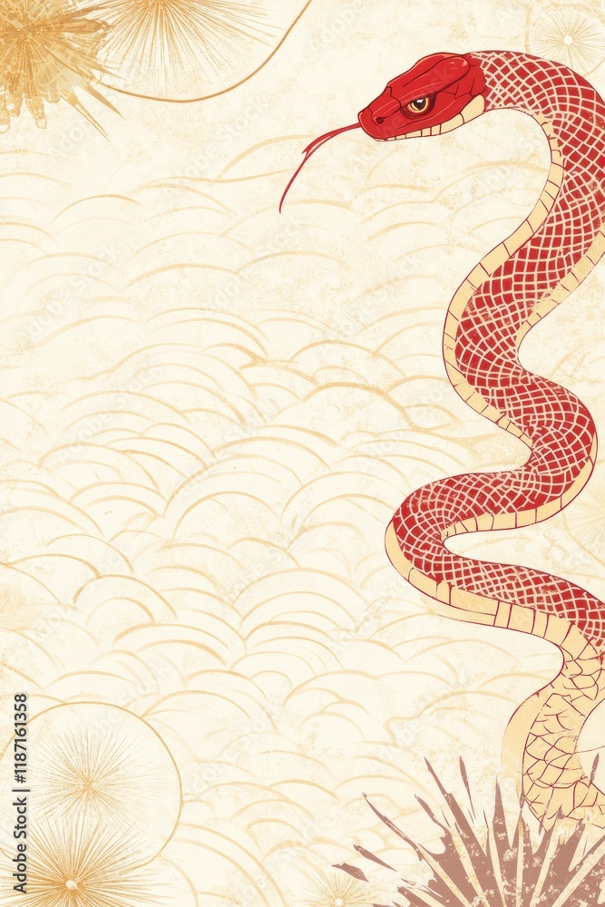 Fototapeta premium Serene Red Serpent: Elegant Asian-Inspired Art Print