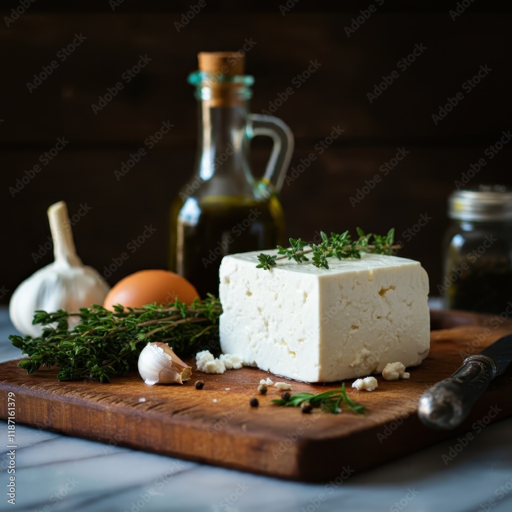Rustic wooden cutting board, fresh feta cheese block, olive oil bottle, ripe tomatoes, garlic cloves, green herbs, soft kitchen towel, moody lighting, food photography, high resolution, detailed textu Rustic wooden cutting board, fresh feta cheese block, olive oil bottle, ripe tomatoes, garlic cloves, green herbs, soft kitchen towel, moody lighting, food photography, high resolution, detailed textu