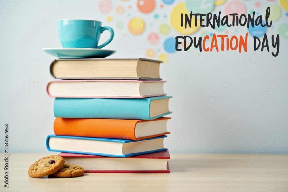 A stack of colorful books on a table with a coffee cup and a cookie beside them. In the background, a poster says A stack of colorful books on a table with a coffee cup and a cookie beside them. In the background, a poster says