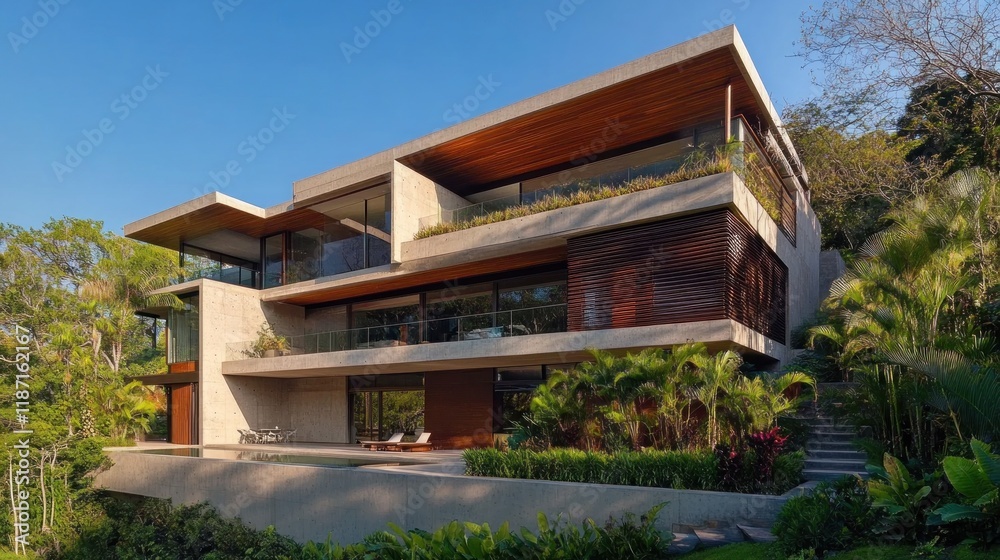 Modern luxury house with pool, landscaped garden, and wooden accents. Modern luxury house with pool, landscaped garden, and wooden accents.