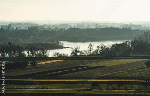 nostalgic autumn landscape with empty fields in the vistula valley photo