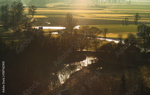 nostalgic autumn landscape with empty fields in the vistula valley