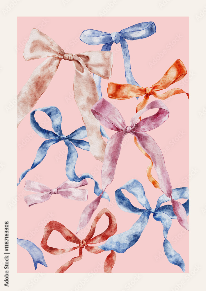 custom made wallpaper toronto digitalWatercolor red, pink and blue bows set. Hand-drawn gift bow isolated on pink background. Holiday illustration for design, print, fabric or background.