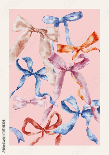 Wallpaper Mural Watercolor red, pink and blue bows set. Hand-drawn gift bow isolated on pink background. Holiday illustration for design, print, fabric or background. Torontodigital.ca