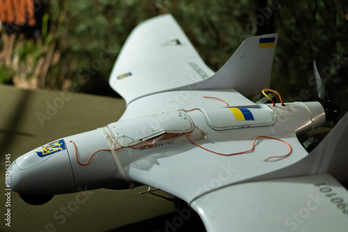 War in Ukraine.Advanced drone technology on display showcasing its unique design and Ukrainian flag representation