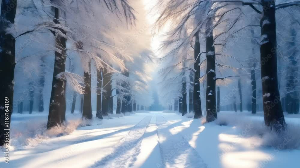 Snowy path in a forest with trees and snow on the ground, landscape background 