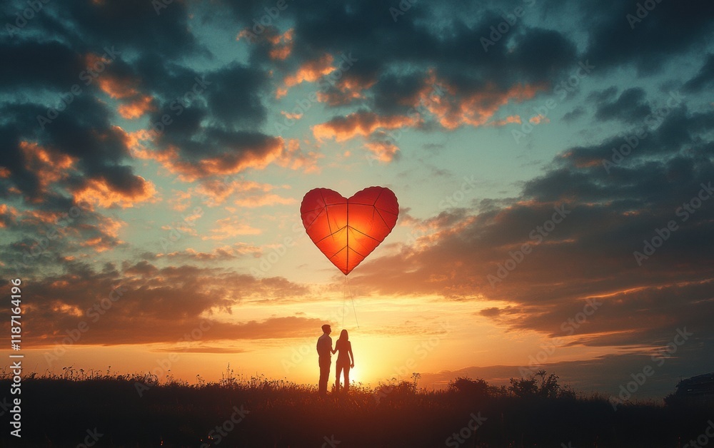 Fototapeta premium A scene of a couple holding hands while flying a heart-shaped kite together at sunset