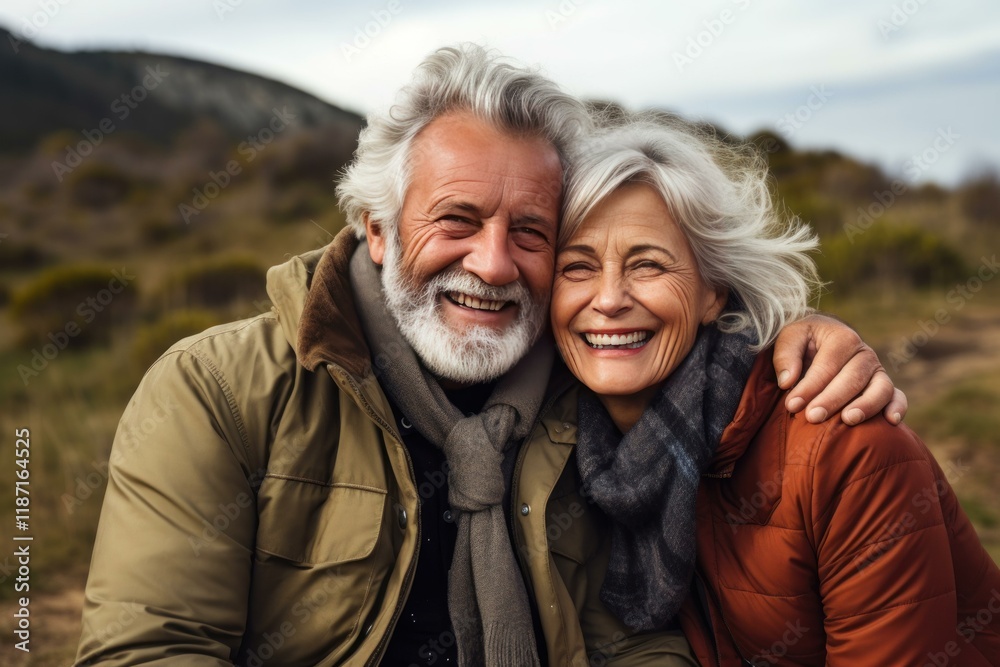 Happy retired couple enjoying a relaxing day outdoors, embracing and smiling in beautiful natural scenery Happy retired couple enjoying a relaxing day outdoors, embracing and smiling in beautiful natural scenery