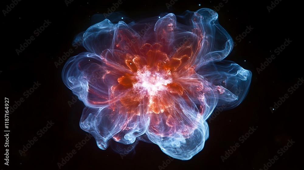 Obraz premium Abstract cosmic nebula with fiery core and glowing blue tendrils against a black background.