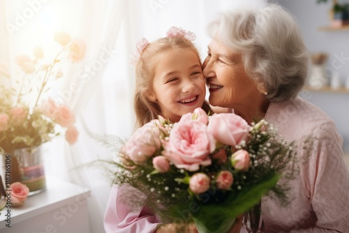 Granddaughter is giving flowers to her grandmother and kissing her on the cheek