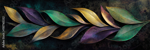 Vibrant metallic leaves with iridescent colors on textured dark background