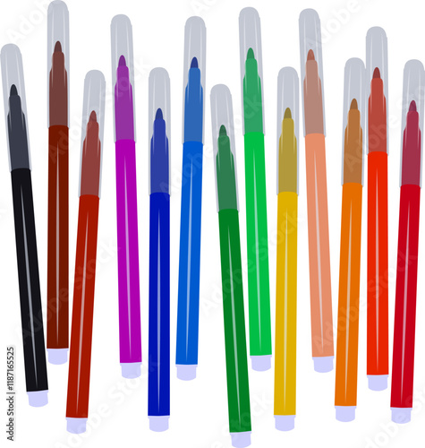 Set of markers with basic colors for drawing and coloring. Sale and advertising of markers and drawing with them. Felt-tip pen for drawing courses. Set of markers with a cap for children.