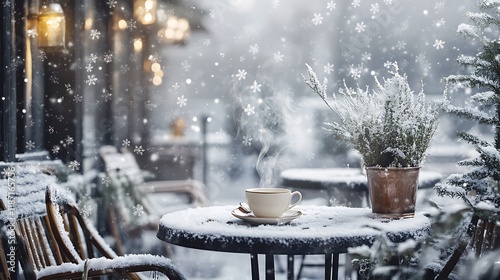 A charming outdoor patio with a steaming cup of tea resting on a table, surrounded by snow-covered chairs and delicate snowflakes falling from a gray winter sky photo