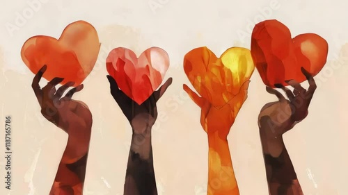 Unity and diversity: hands raising hearts in peaceful harmony