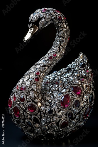 Luxurious and ornate swan figure covered in gemstones, creating a visually striking piece of art photo