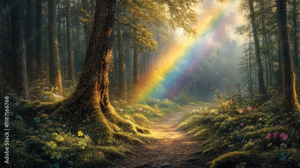 Fototapeta premium Rainbow Illuminates A Mystical Forest Path