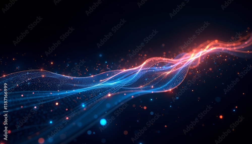 Obraz premium Abstract waves of light in blue and orange hues on a dark background.