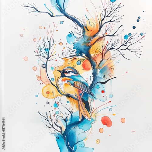 A songbird sits on a branch surrounded by many leaves. Image in watercolor style. Illustration for cover, card, postcard, interior design, banner, poster, brochure or presentation.