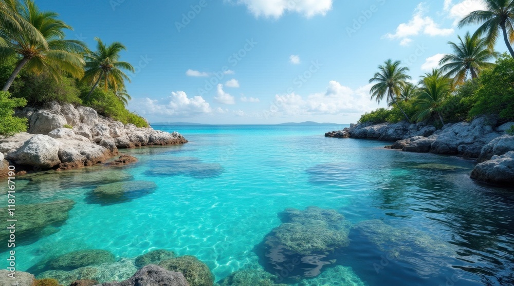 Tranquil Island Cove with Vibrant Coral Reef Tranquil Island Cove with Vibrant Coral Reef