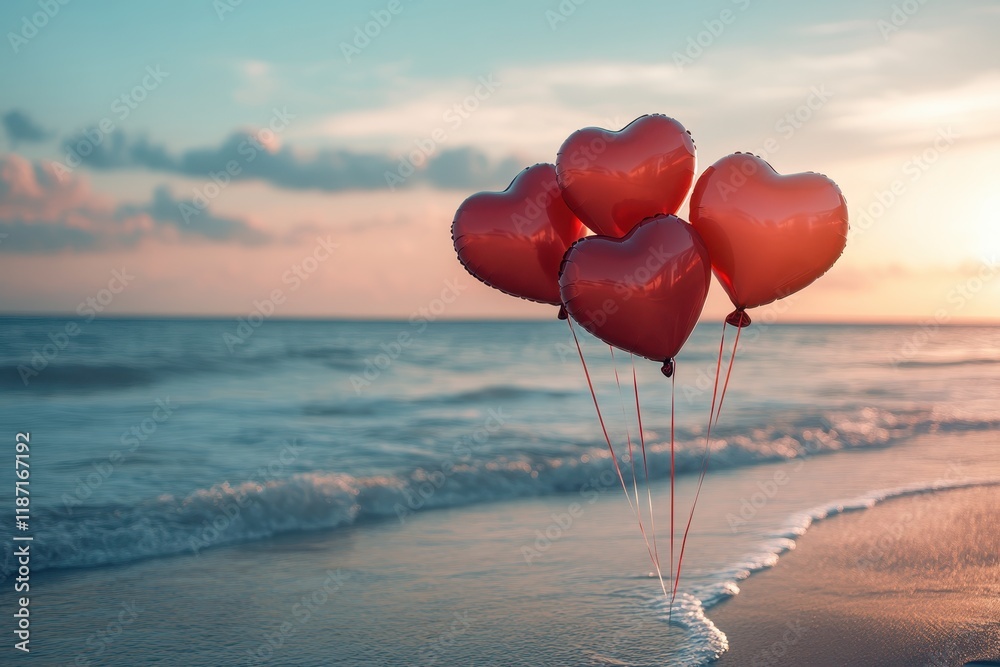 Fototapeta premium Heart balloons floating above a beach scene