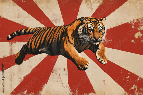 Tiger against the background of diverging red and white rays. Circus poster with a tiger. Generated by artificial intelligence photo