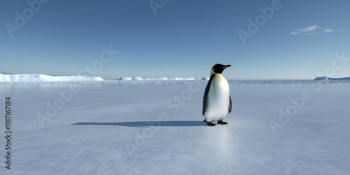 A single penguin stands majestically on a vast icy landscape, showcasing the beauty and isolation of its natural habitat under a clear blue sky, symbolizing resilience and elegance.