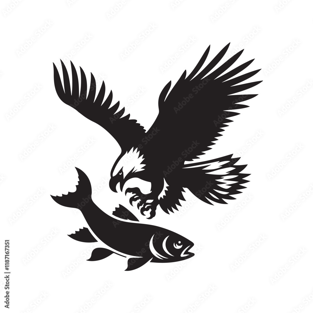 Fototapeta premium Eagle diving at a fish silhouette vector illustration black color design and solid white background