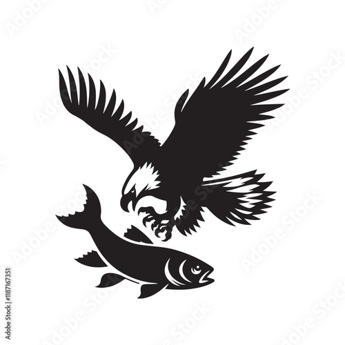 Eagle diving at a fish silhouette vector illustration black color design and solid white background