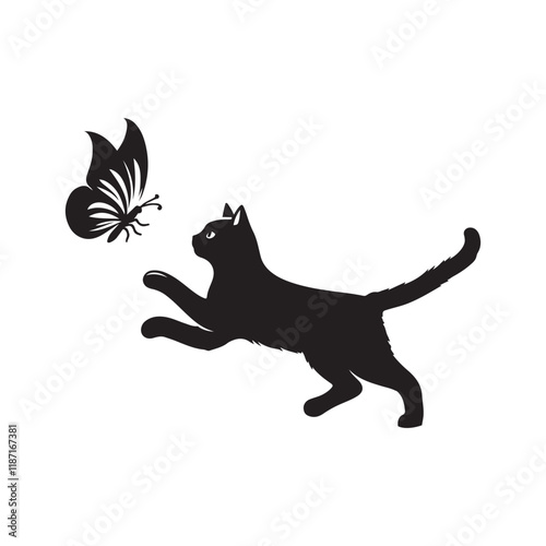  Cat chasing a butterfly silhouette vector illustration black color design and solid white background