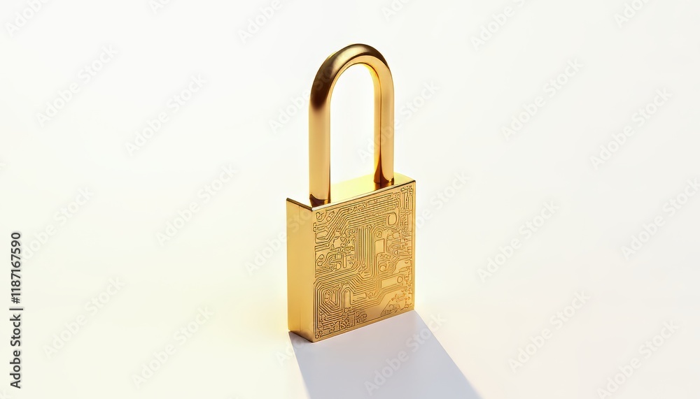 Metallic padlock with circuit design, symbolizing digital security and technology. Metallic padlock with circuit design, symbolizing digital security and technology.