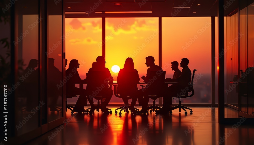 Silhouettes of a diverse group discussing ideas at sunset in a boardroom setting. Silhouettes of a diverse group discussing ideas at sunset in a boardroom setting.