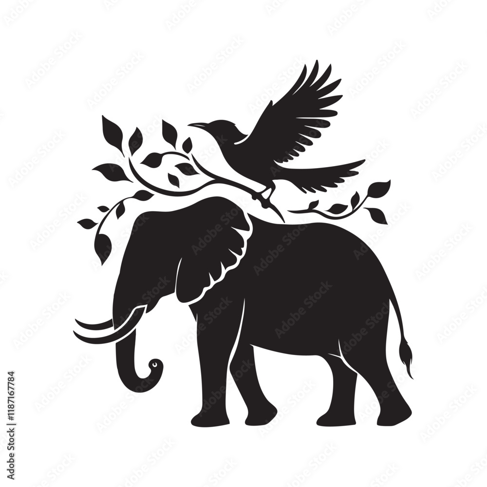 Obraz premium Elephant and bird on its back silhouette vector illustration black color design and solid white background