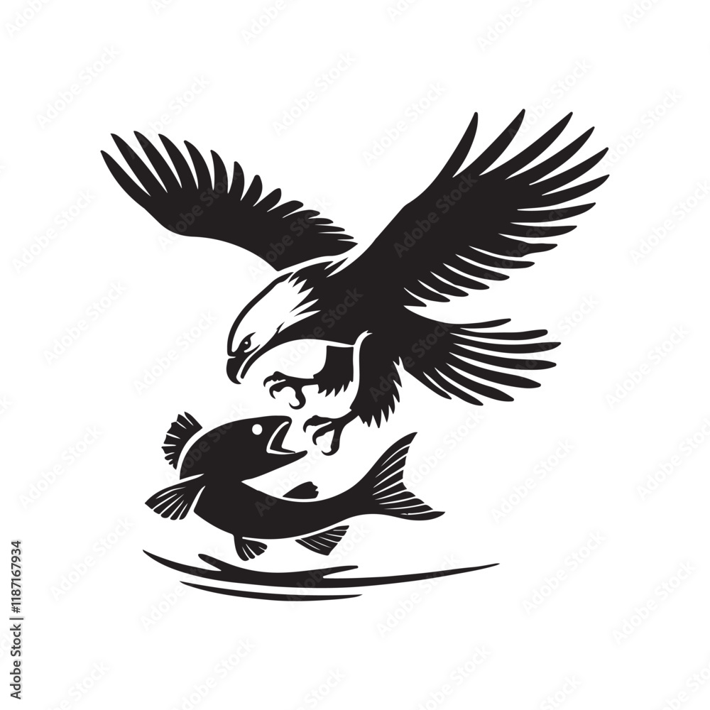 Obraz premium Eagle diving at a fish silhouette vector illustration black color design and solid white background