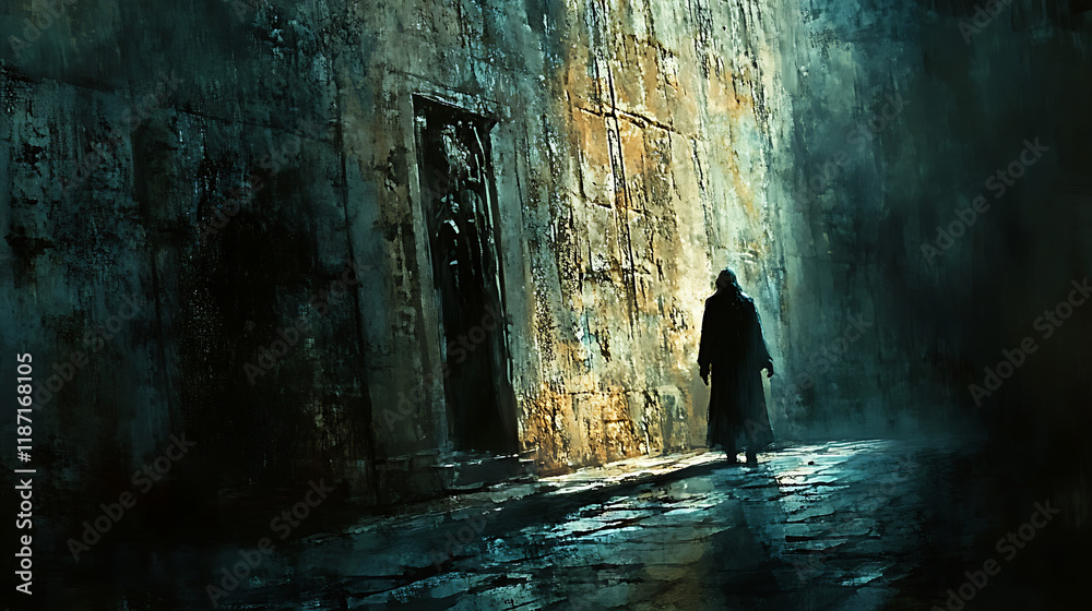 Judas’ shadow dramatically cast on the temple wall as he grips silver coins, the flickering torchlight emphasizing the textures of the ancient stone,