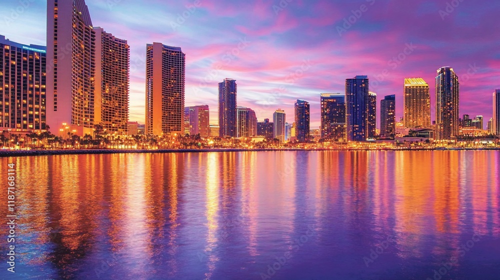 Obraz premium Vibrant city skyline reflected in calm water at sunset.
