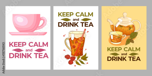 Set of posters with tea, teapot, teamug, lettering keep calm and drink tea. For poster, card, banner, discount, special offer. Vector illustration EPS10 
