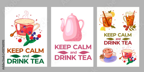 Set of posters with tea, teapot, teamug, lettering keep calm and drink tea. For poster, card, banner, discount, special offer. Vector illustration EPS10 
