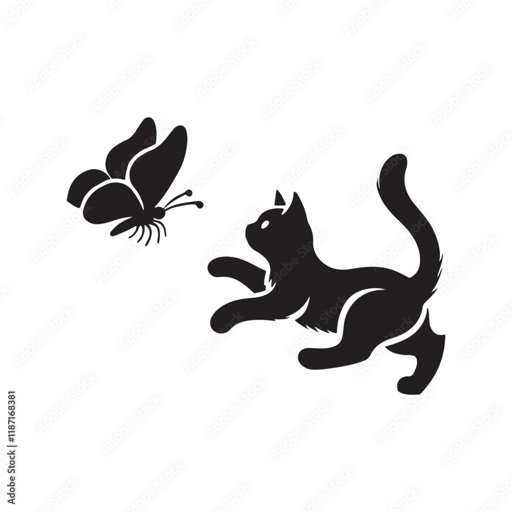 Obraz premium Cat chasing a butterfly silhouette vector illustration black color design and solid white background