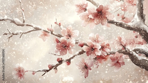 A close-up of a New Year peach blossom branch, with its delicate pink flowers contrasting against the soft white of the surrounding snow, symbolizing longevity